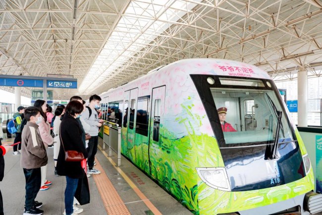 武漢地鐵廣告價格收費，武漢地鐵列車廣告內(nèi)外包車廣告櫻花案例圖